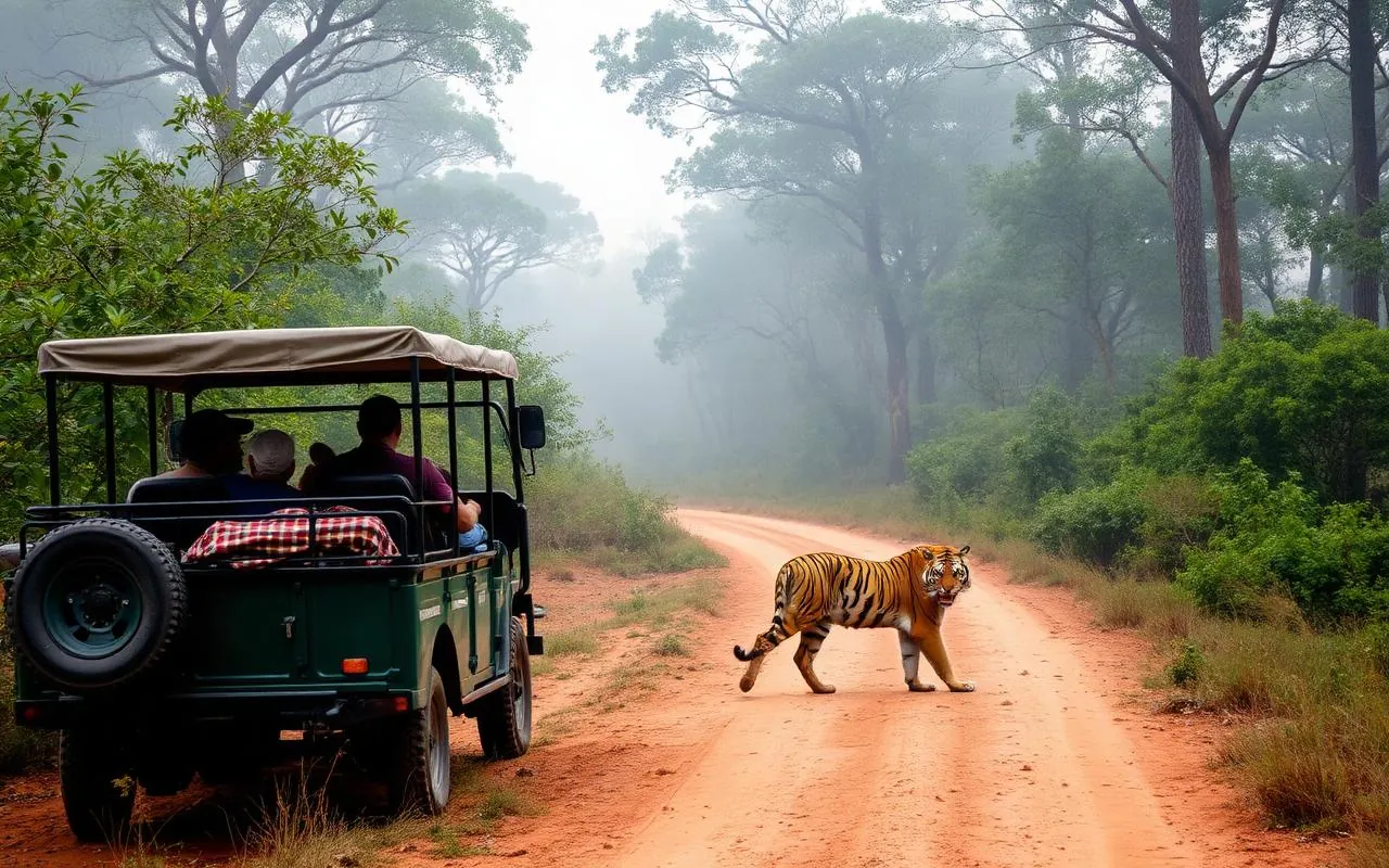 Jim Corbett National Park safari jeep with Bengal tiger crossing the trail
