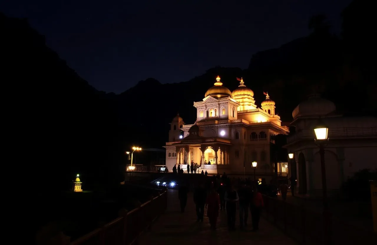 Vaishno Devi Bhawan temple illuminated at night
