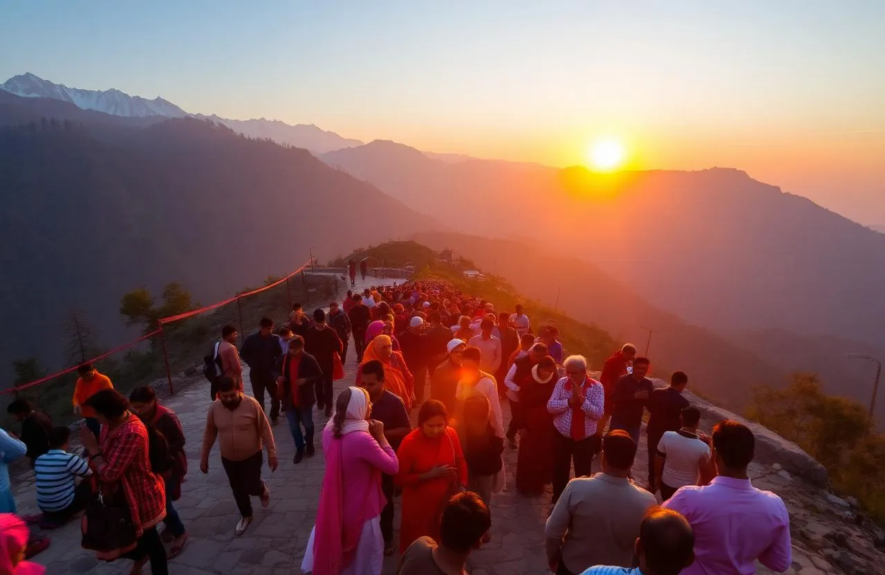 Devotees on Vaishno Devi yatra trail at sunrise