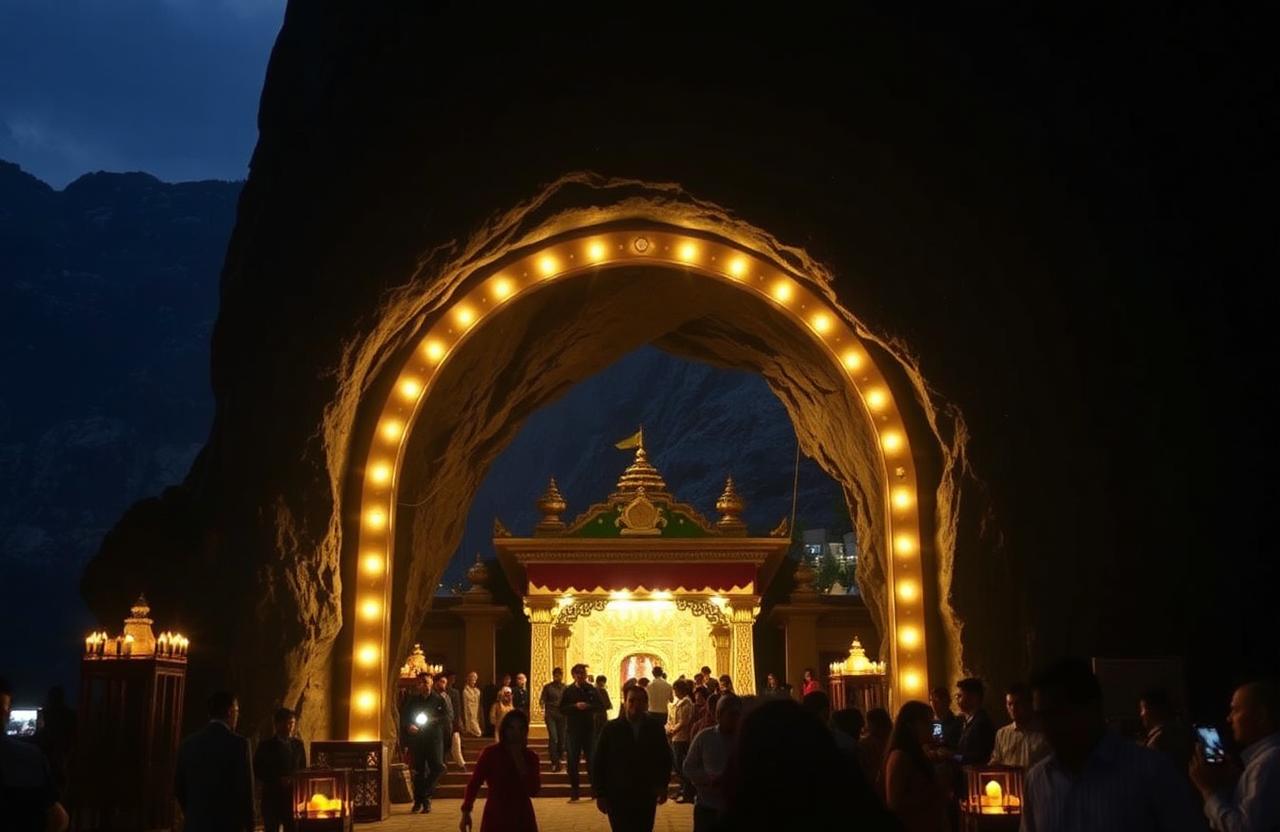 Ardhkuwari cave shrine entrance with golden lights