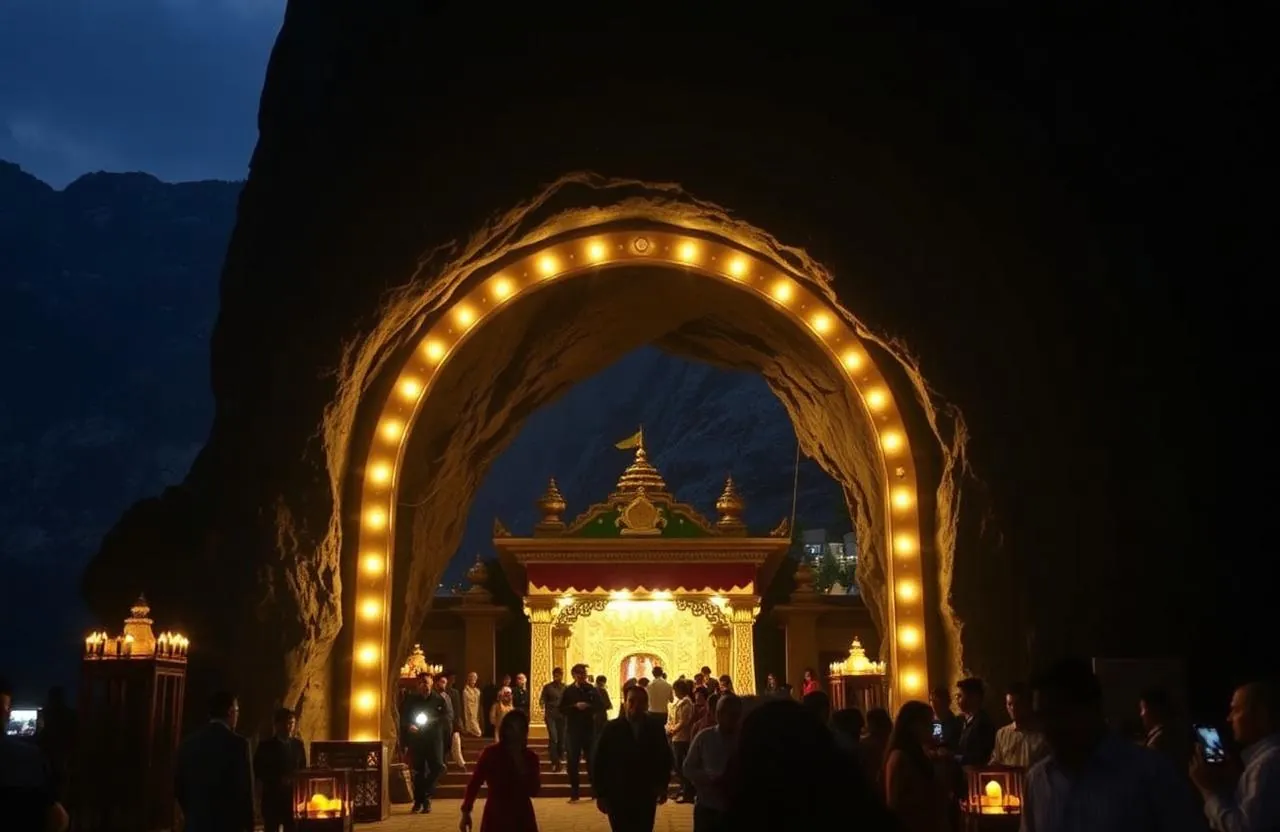 Ardhkuwari cave shrine entrance with golden lights