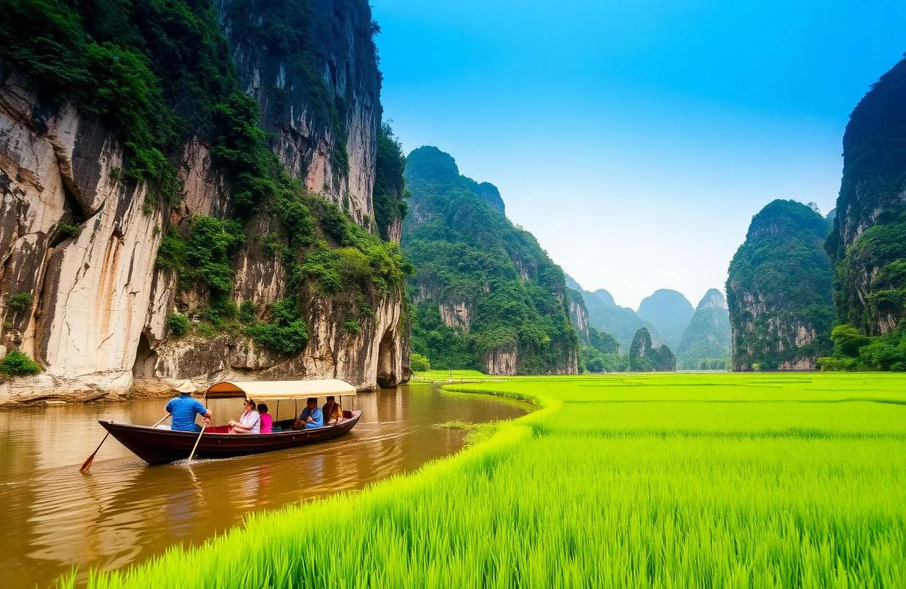 Ninh Binh Tam Coc river boat between karsts and rice paddies